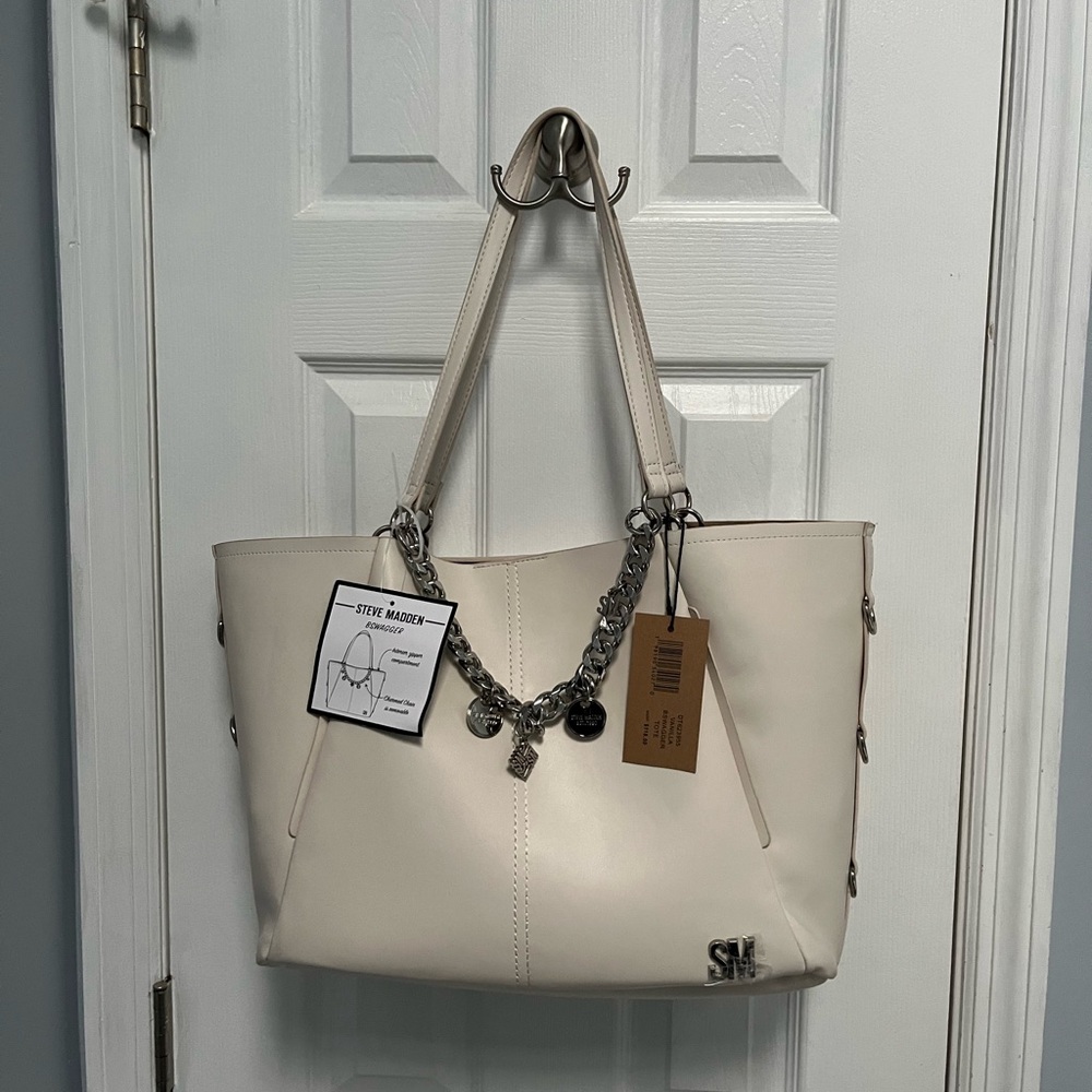 Steve Madden Vanilla Cream B swagger Tote Shoulder Bag Silver Chain Charms NWT
